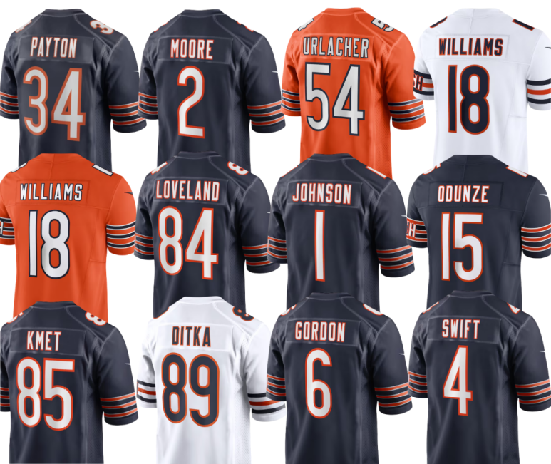 Men Walter Payton Brian Urlacher Mike Ditka Caleb Williams Cole Kmet Colston Loveland D.J. Moore Jaquan Brisker Jaylon Johnson Rome Odunze Tory Taylor Football Jersey
