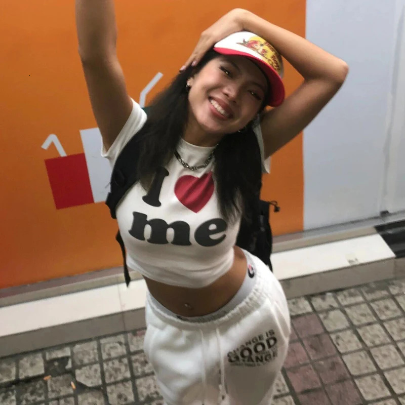 I Love ME letters Print Y2K Harajuku Crop Top Tshirt Summer Women clothes Sexy Tshirt Vintage 2000s short sleeve Crop Tops 250724