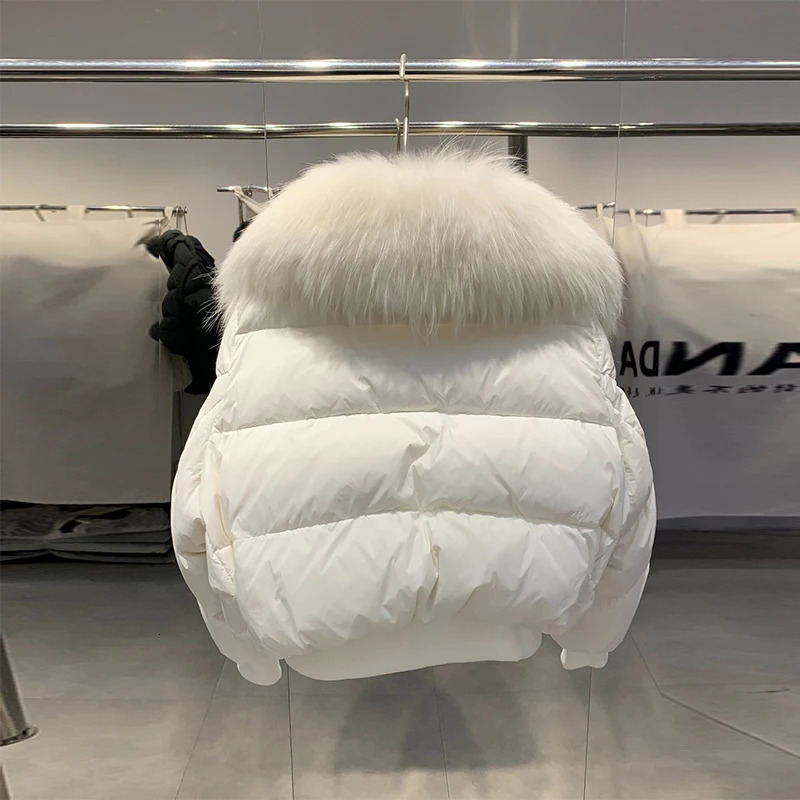 Winter Puffer Jacket for Women Thick Warm Short Parka Natural Raccoon Fur Loose 90% White Duck Down Coat 250725