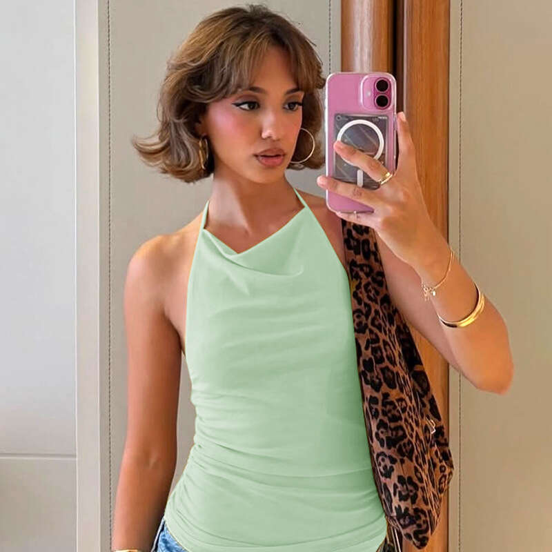 Ytp700 Women's Spring Summer New Solid Color Sexy Backless Mesh Halter Top B5