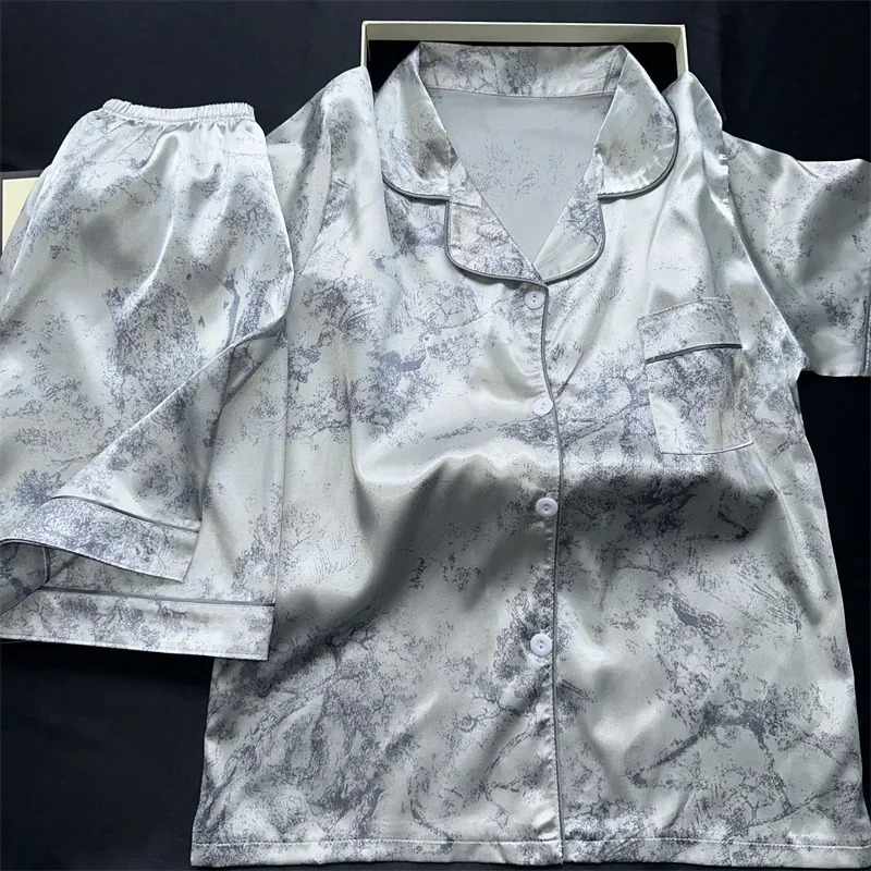 2 Pieces Print Sleepwear Faux Silk Satin Nightwear Pyjamas Fashion Casual Pajama Women Shorts Pajamas Set Ink Painting Outfits 250730