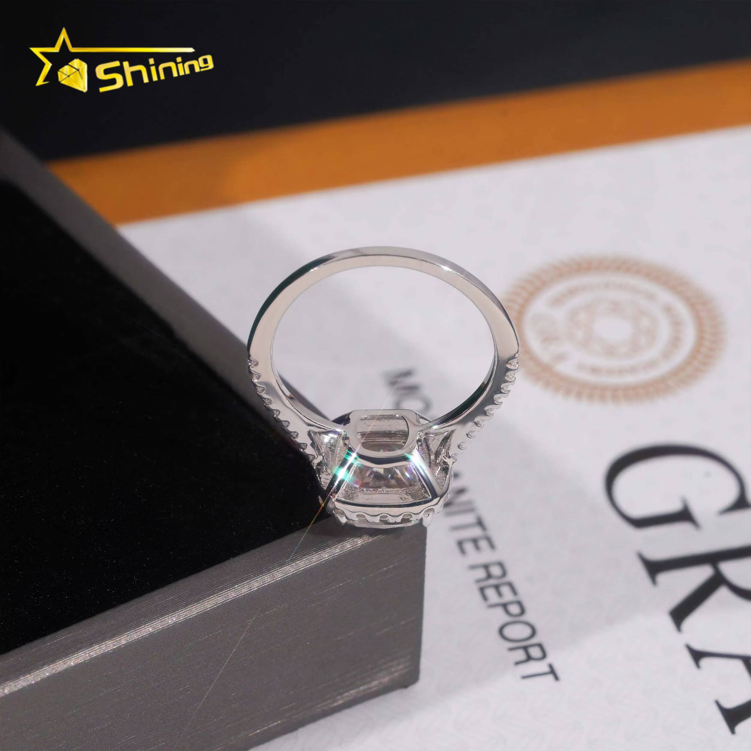 Trendy Halo Design 925 Silver Cushion Cut Moissanite Ring Custom Fine Women Finger Moissanite Eternity Wedding Ring