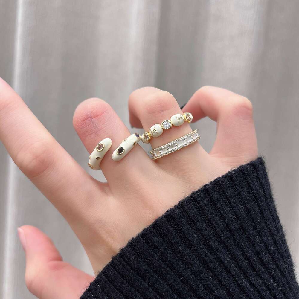 Milky White Tone Arc de Triomphe Bamboo Section Inlaid Zirconium Heart-Shaped Snake Head Cake Edge Open Ring Six Options Available b2a