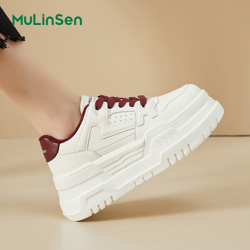 Mulinsen thick-soled white shoes for women 2025 four seasons new versatile casual sports genuine leather platform shoes small size sneakers
