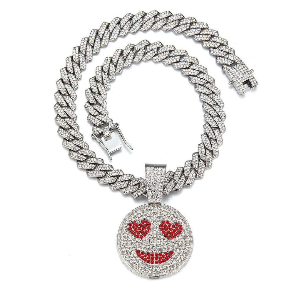 Full Dia Multi-color Heart Smiley Pendant Creative Personality Alloy Cuban Chain Street Fashion Necklace