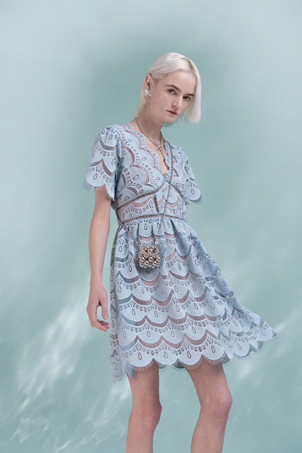 Women's Elegant Blue Lace Mini Skirt High Waist V-neck French Style Blue Water-soluble Lace Dress 6116451