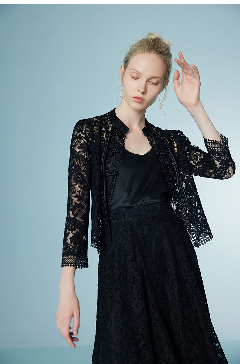 Black Lace Jackets for Women's Stand Collar 3/4 Sleeve Lightweight Gothic Sheer Jackets With Buttons 6112244