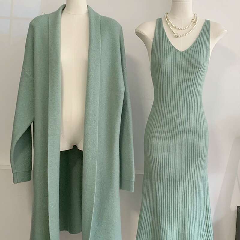 Autumn Winter New Style Knitted Suit For Women Elegant Vest Dress + Long Cardigan Coat Hot B5