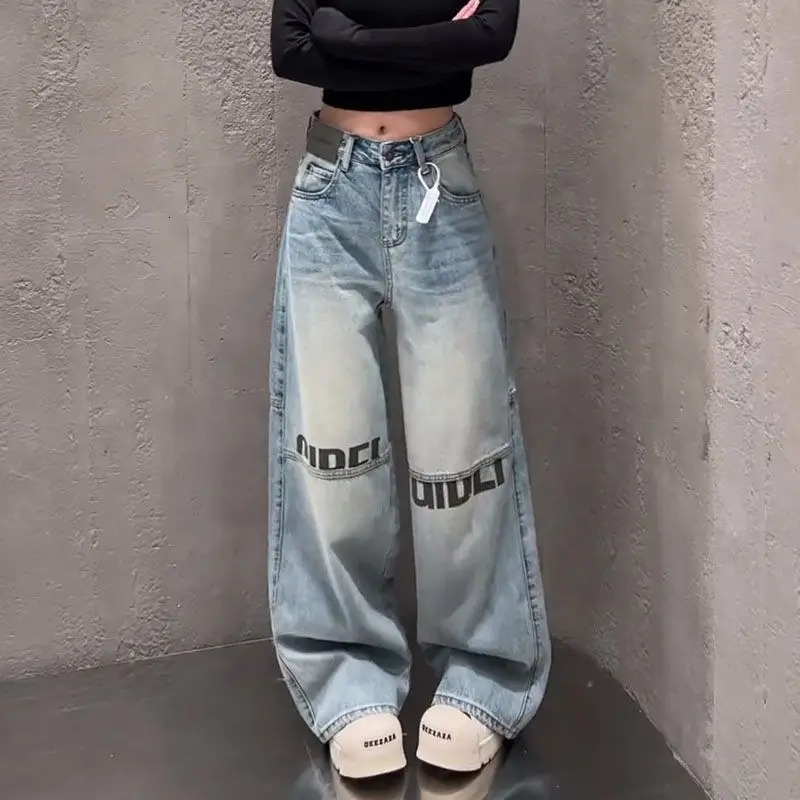 Letter Print High Waited Jeans Woman Street Harajuku Vintage Y2k Pants Women Trousers Casual Wide-leg Baggy Jeans Women 250730