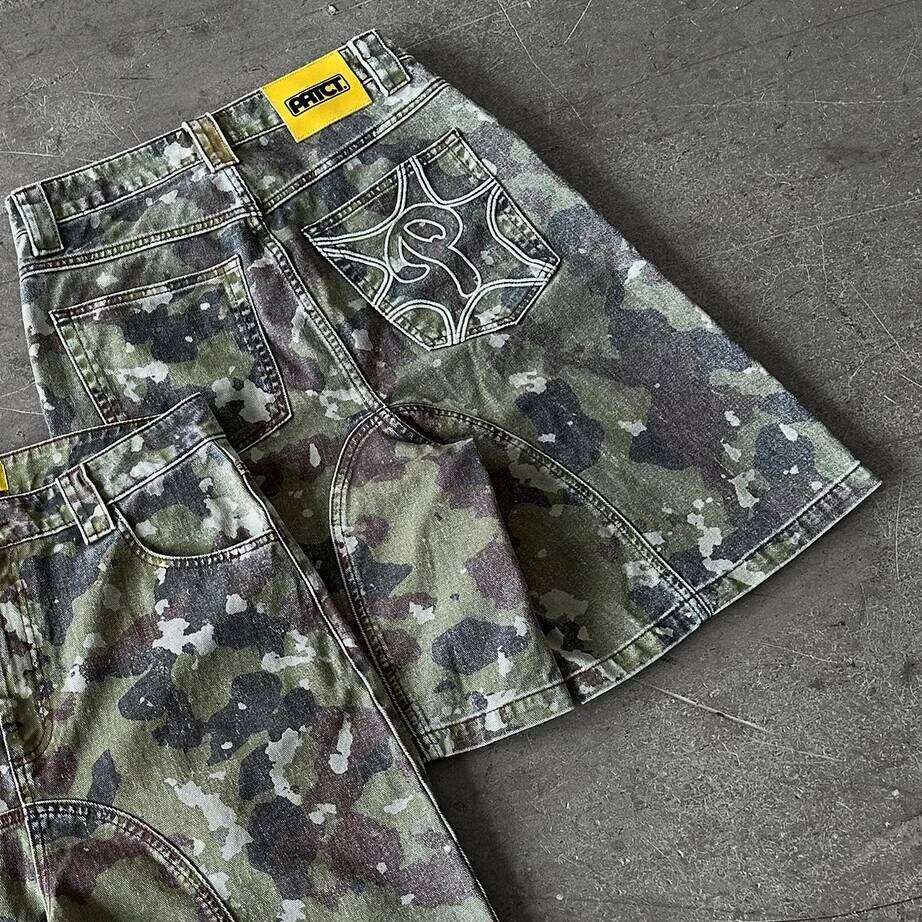 Leaves Camouflage Denim Y2k Jeans Men Hip Hop Lettering Embroidery Retro Baggy Shorts Low Waist Over The Knee Pants