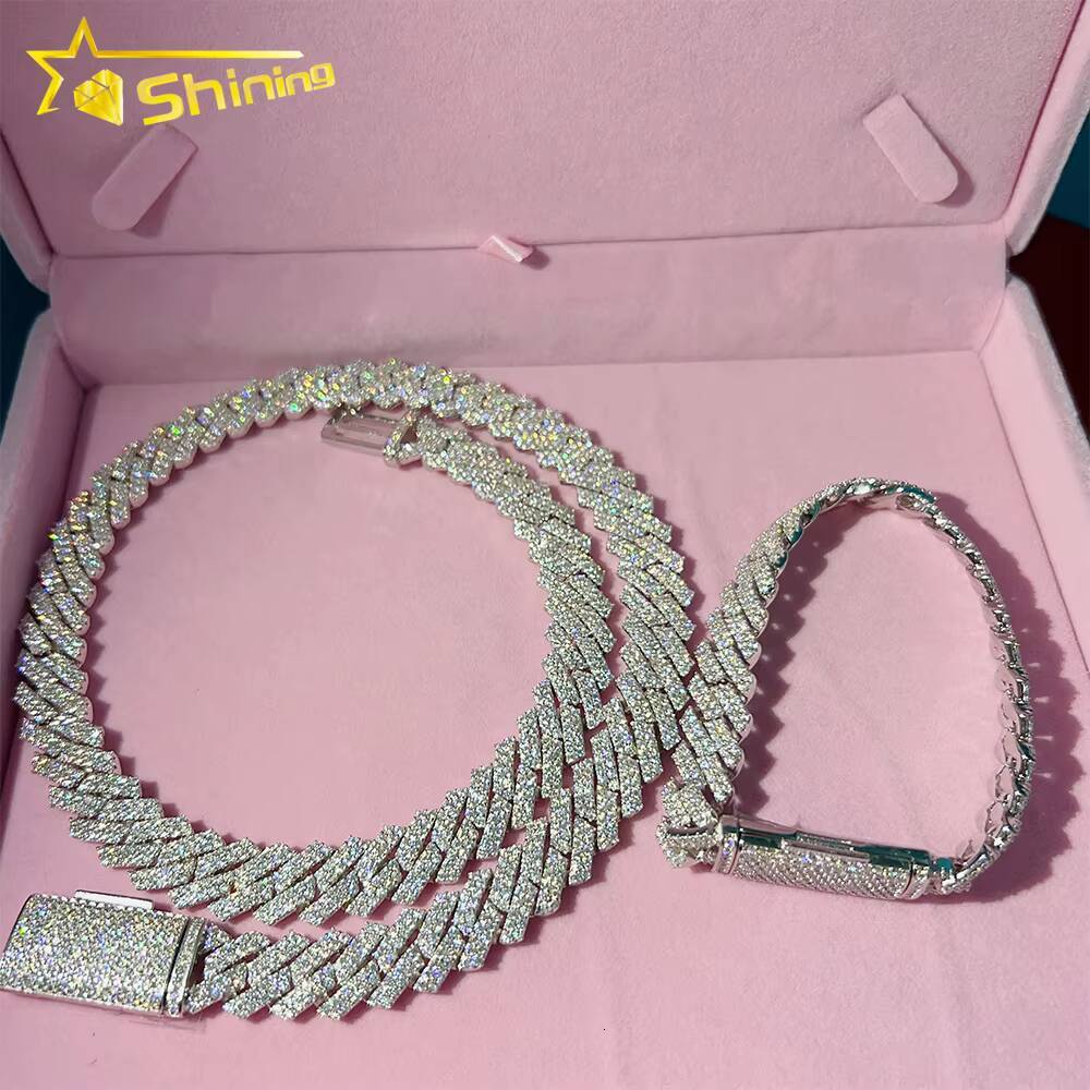 Hot Sale Dropshipping 13mm 2rows Vvs Moissnaite Iced Out Hip Hop Jewelry Moissanite Cuban Chain