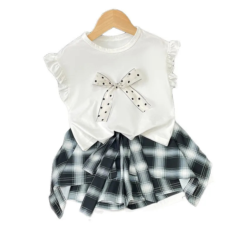 Summer Children Girls Plaid Skirt Outfits Sweet Dot Print Bow Sleeveless Tops Irregular Skirt Suits Infant Babys Girls 2PCS Sets 250729