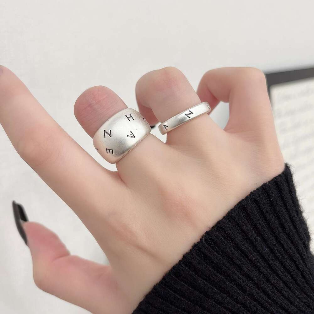 Vintage Silver Letter Wide Index Finger Ring for Women, Light Luxury Niche Design, High-End Feel, 2024 New Trend a55