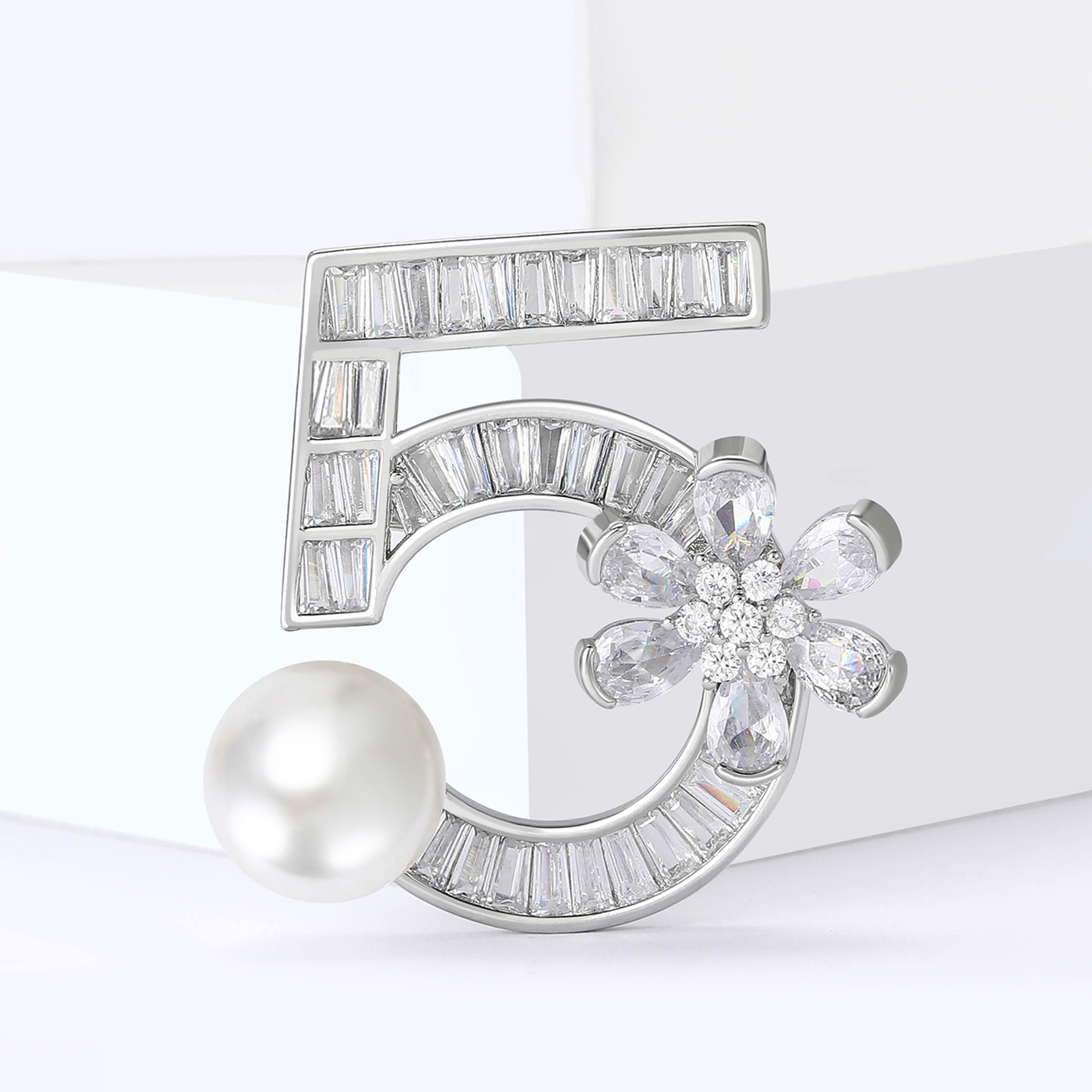 Silver Tone Rhinestone - Encrusted Number 5 Brooch With Pearl And Flower Accents Elegant Daily Jewelry And Gift For Her High Quality And Stylish Jewel
