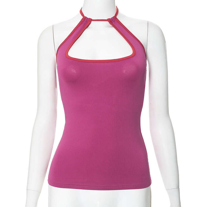 Y23tp088 Women's Summer New Color-Block Halter Neck Lace-Up Hollow Out Backless Casual Tank Top T-Shirt B5