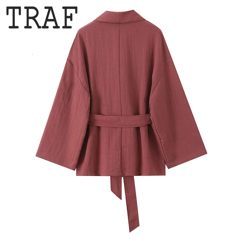 TRAF Women 2 Pieces Sets With Belt Kimono Style Coat Top Elastic Waist Long Pants Womens Suit Casual Outfit 250730