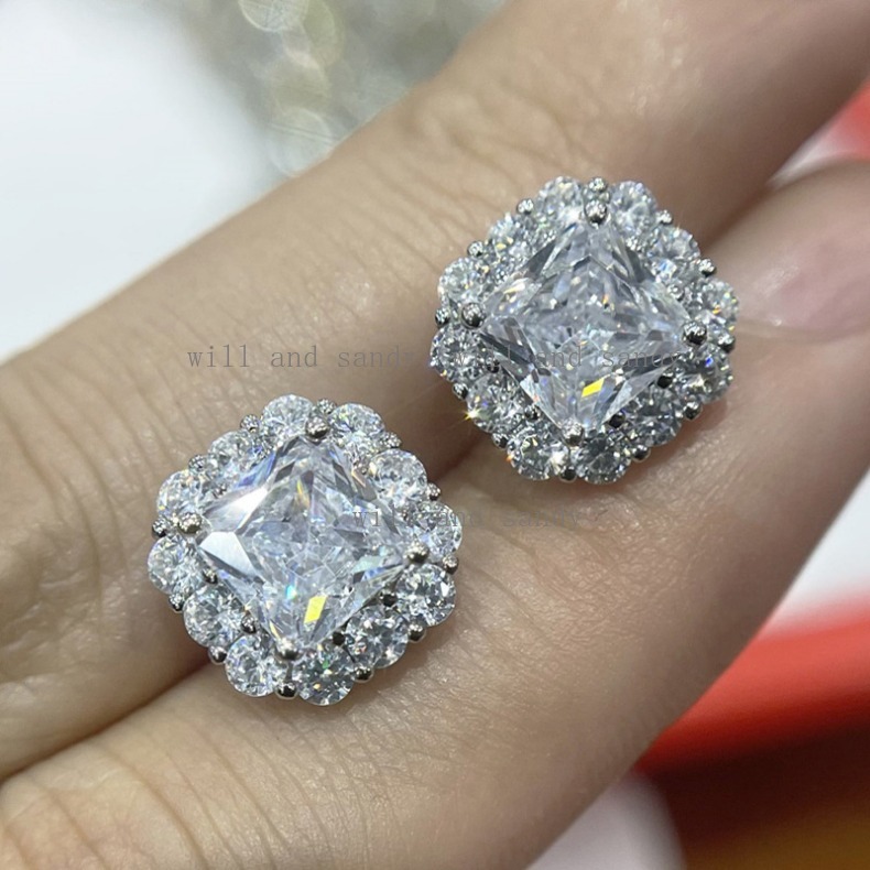 Flower Lace Square Cubic Zircon Diamond Stud Earrings Yellow Pink Designer Jewelry Charm Silver Gold Crystal Leaf Owl Earring for Woman Gift Fashion F