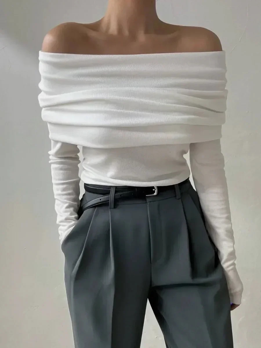 Wolfeel Autumn Slimming Knitted Sweater Women Fashion Basic Chic Pullover Long Sleeves Office Lady One Shoulder Sexy Sweater Top 250723