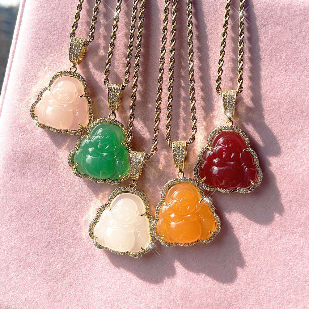 Maitreya Bright Gold Inlaid Agate Big Buddha Zircon Pendant Colorful Resin