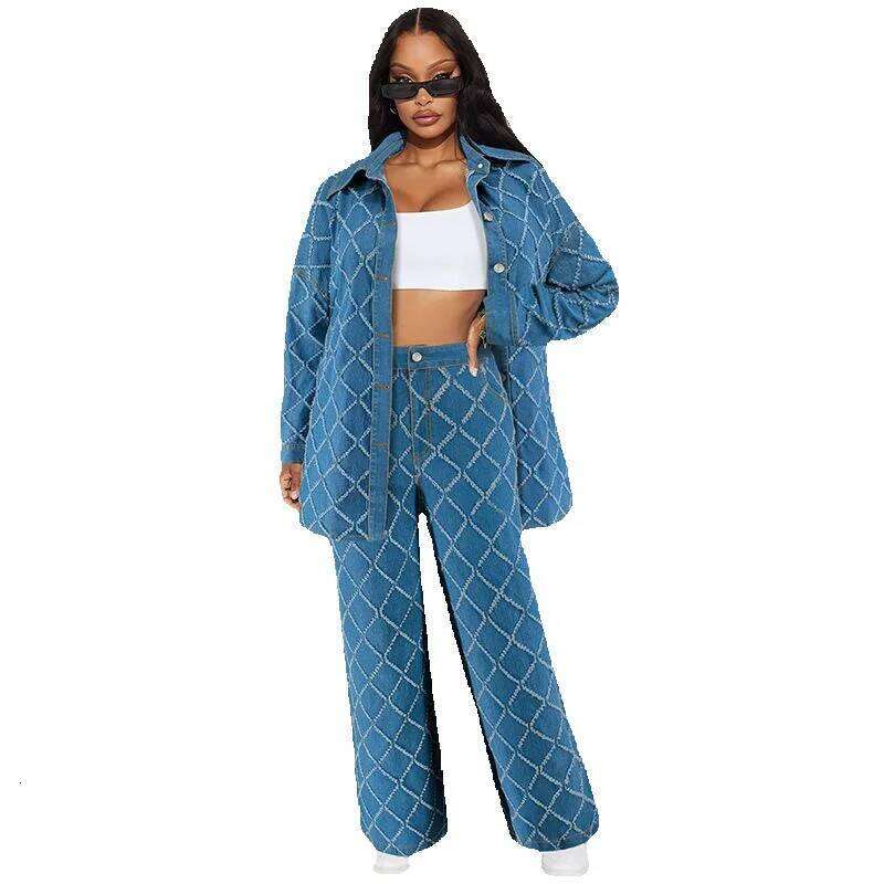 Women's Clothing Denim Fringe Plaid Cardigan Drop Shoulder Long Sleeve Suit