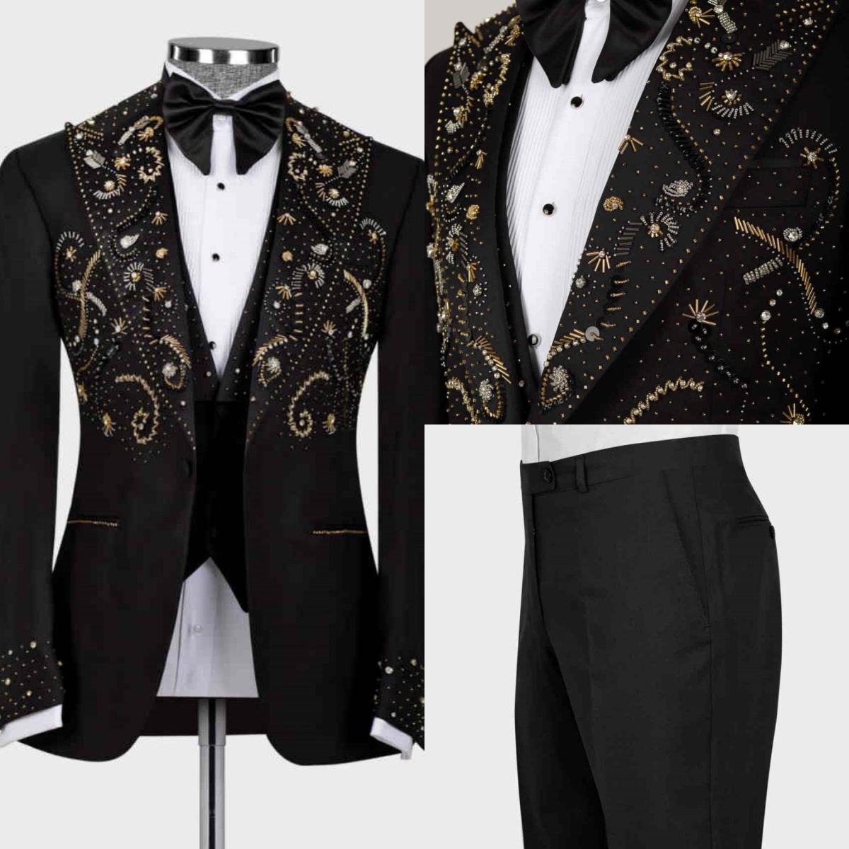 Elegant Crystal 3 Pieces Men Suits Single Breasted Peaked Lapel Tuxedos Wedding Groom Customized Beading Costume Homme