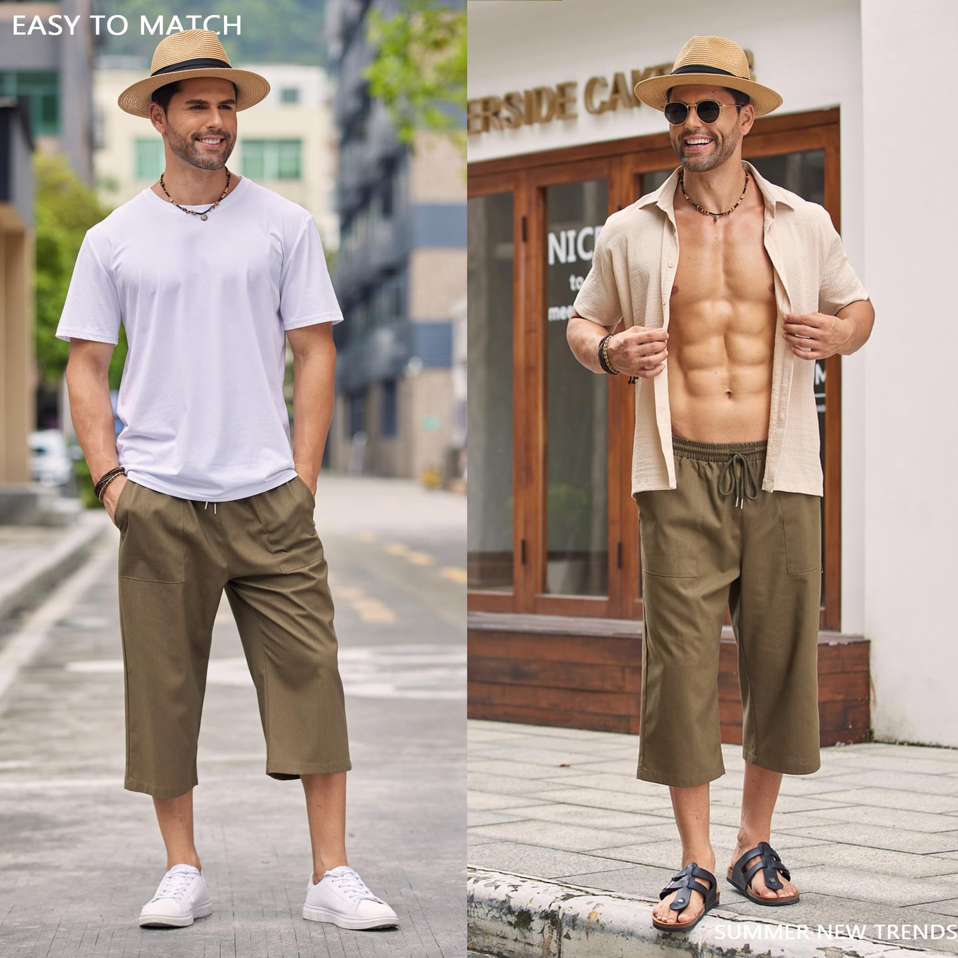 Men's sports mid-waist drawstring solid color beach cropped pants lightweight casual pants
