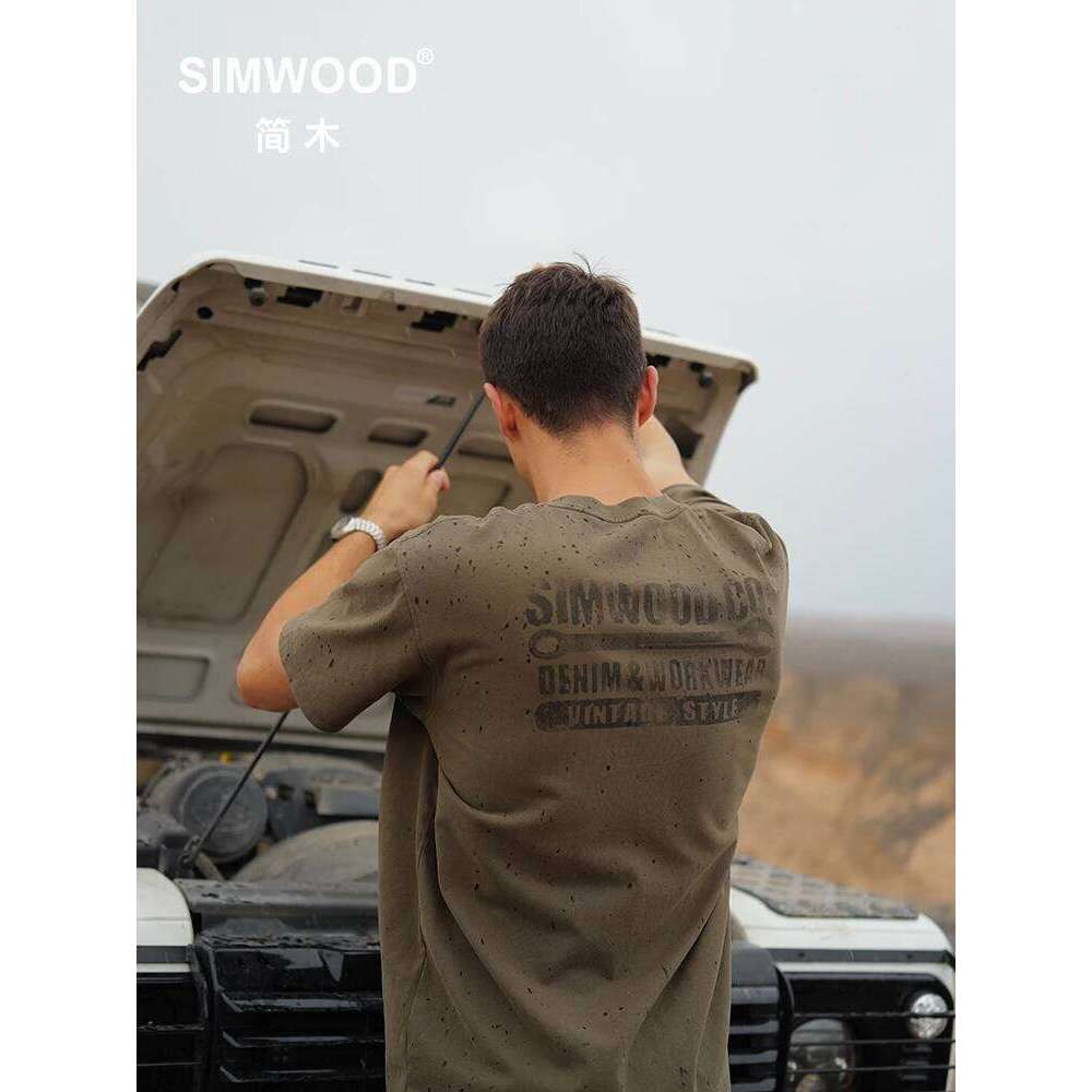 SIMWOOD 2025 Summer New Oversize 270gsm Cotton Fabric T-shirts Men Vintage Enzyme Washed Letter Print Tops Plus Size Tee