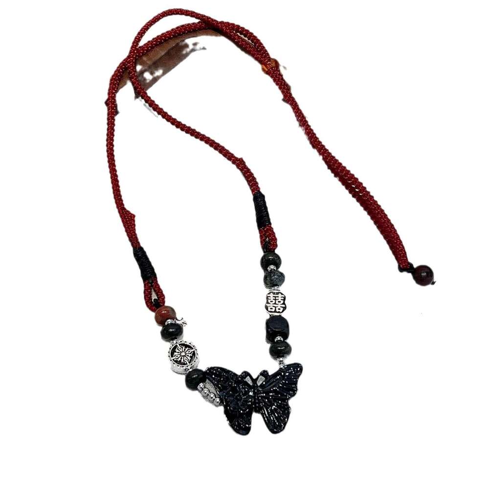 New Chinese Style Beaded Butterfly Necklace for Women, Niche High-end Feel, Double Happiness Drawstring Collarbone Chain, Light Cute Jewelry 855