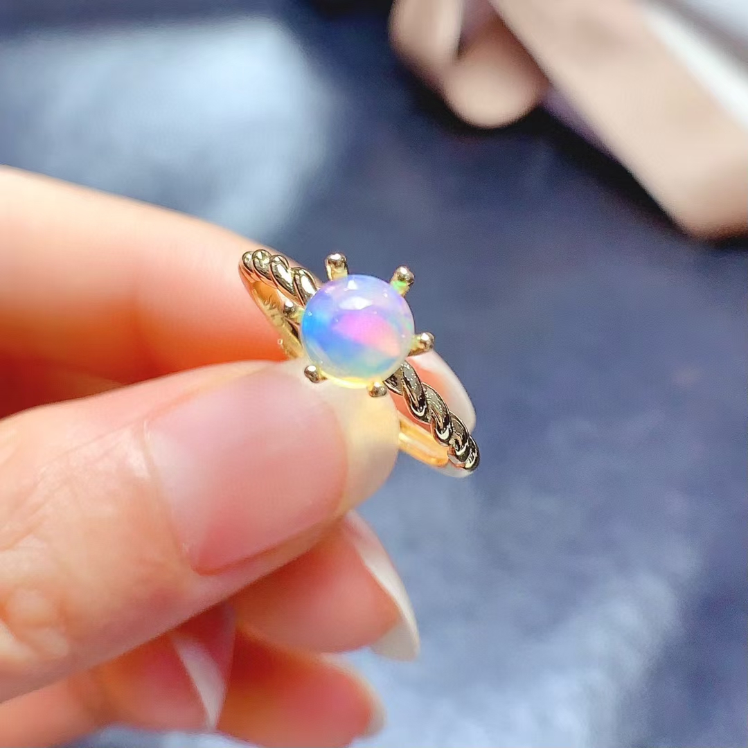 100% Real White Opal Ring for Office Women 6mm Natural Opal Silver Ring 925 Silver gemstone Jewelry with 18K gold plating