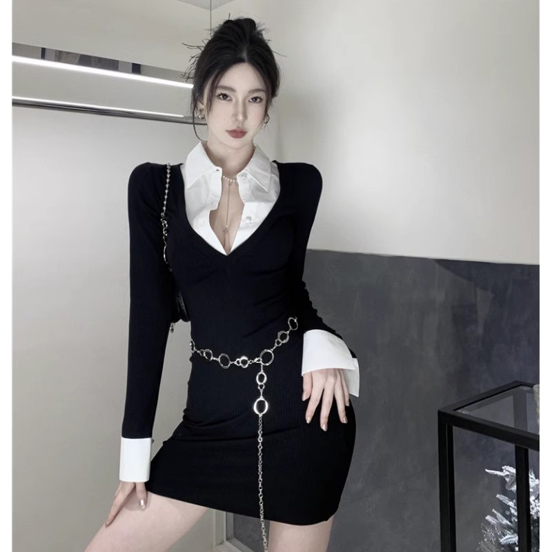 Pure Desire Style Sexy Fake Two Piece Shirts Long sleeved V-neck Dress Spring and Autumn Dress Spicy Girl Wrapped Hip Short Skir