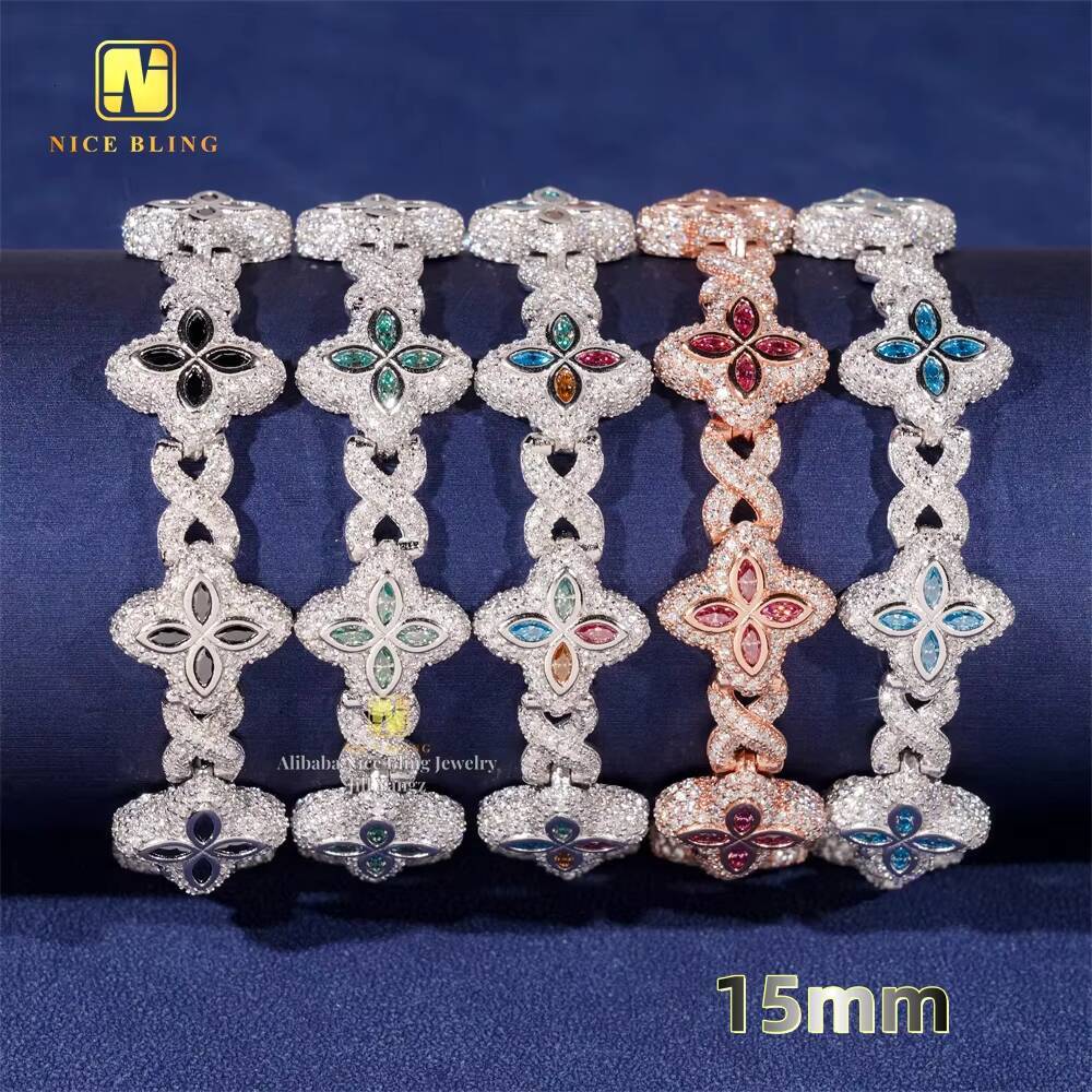 HOT SELLING 15mm Colorful Moissanite Flower Cuban Bracelet Ready Stock Hip Hop Fancy Diamond Cuban Link Chain Moissanite 925