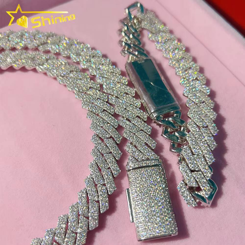 Hot Sale Dropshipping 13mm 2rows Vvs Moissnaite Iced Out Hip Hop Jewelry Moissanite Cuban Chain
