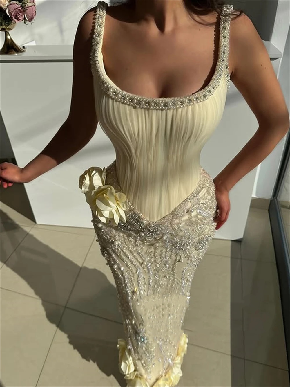 Fashion Evening Dresses For Women Jewel Neck Sleeveless Gown 3D Floral Appliques Sequins Pearls Floor Length Dress Party Customized Dress