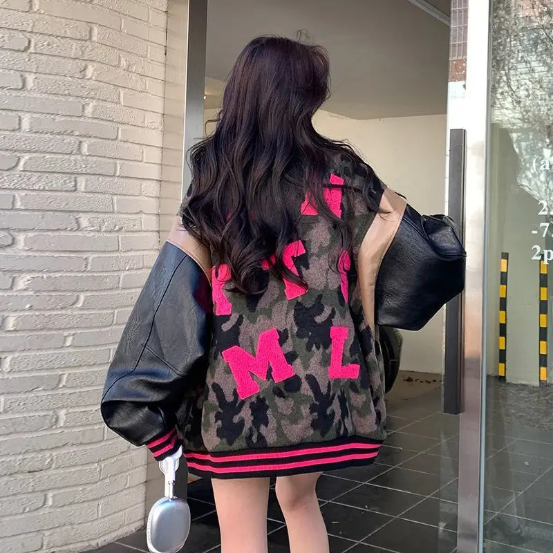 Camouflage Student Loose American Retro Baseball Jacket ed Letter n Vintage for Girls 250730