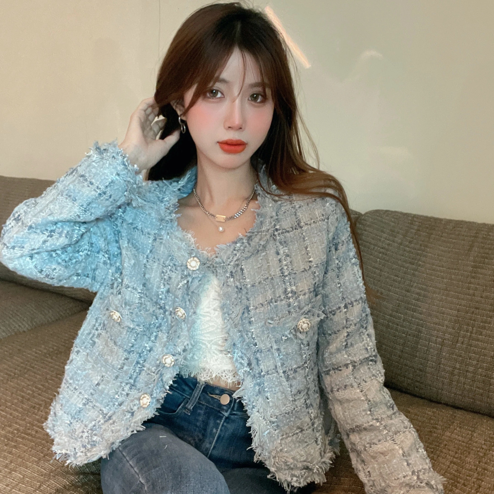 Autumn Spring Sweet Tweed Jacket Women y Woolen Short Coats Outwear Casacos Chaqueta Mujer 250730