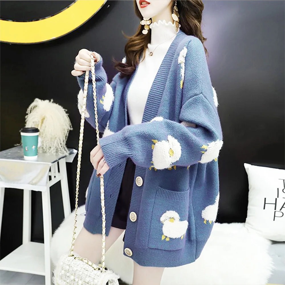 Blue Sheep Cartoon VNeck Long Sleeve Loose Knitted Sweater Womens Cardigan Thick For Women Clothing Fashion Winter 250730