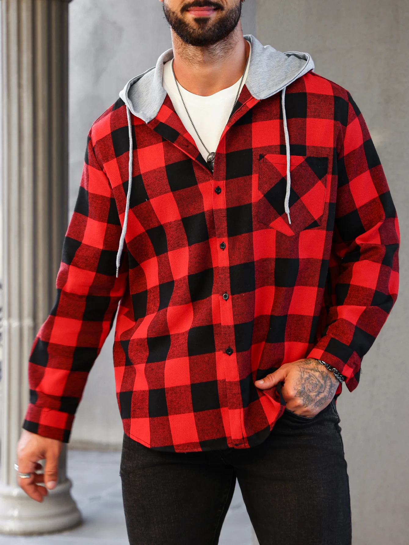 Mens Colorful Plaid Hooded Cardigan Color Block Sweatshirt with Pockets Top Jacket 250729