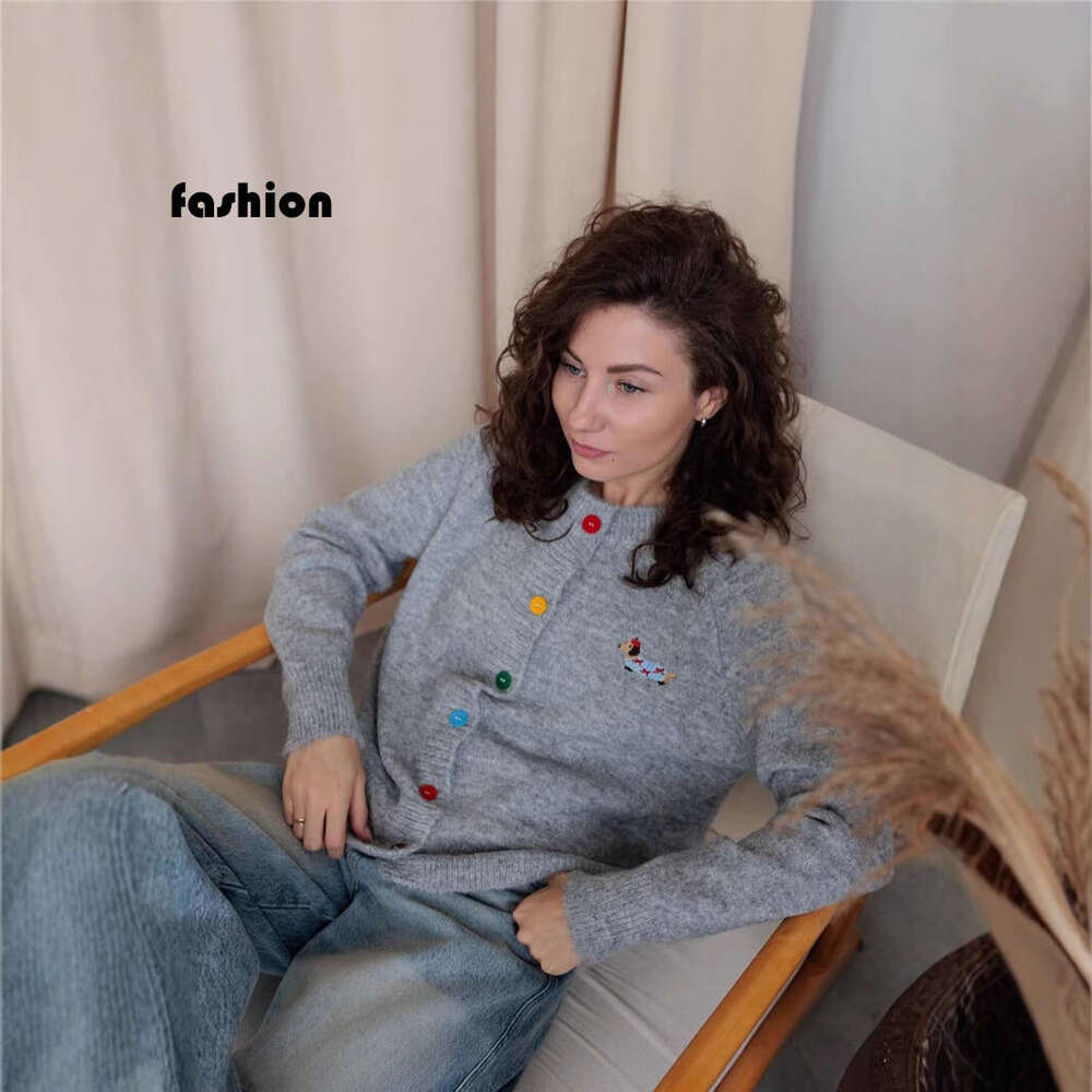 Round Neck Colorful Button Puppy Embroidery Long Sleeve Sweater Cardigan For Women Autumn Korean Style Versatile Top B5 h6