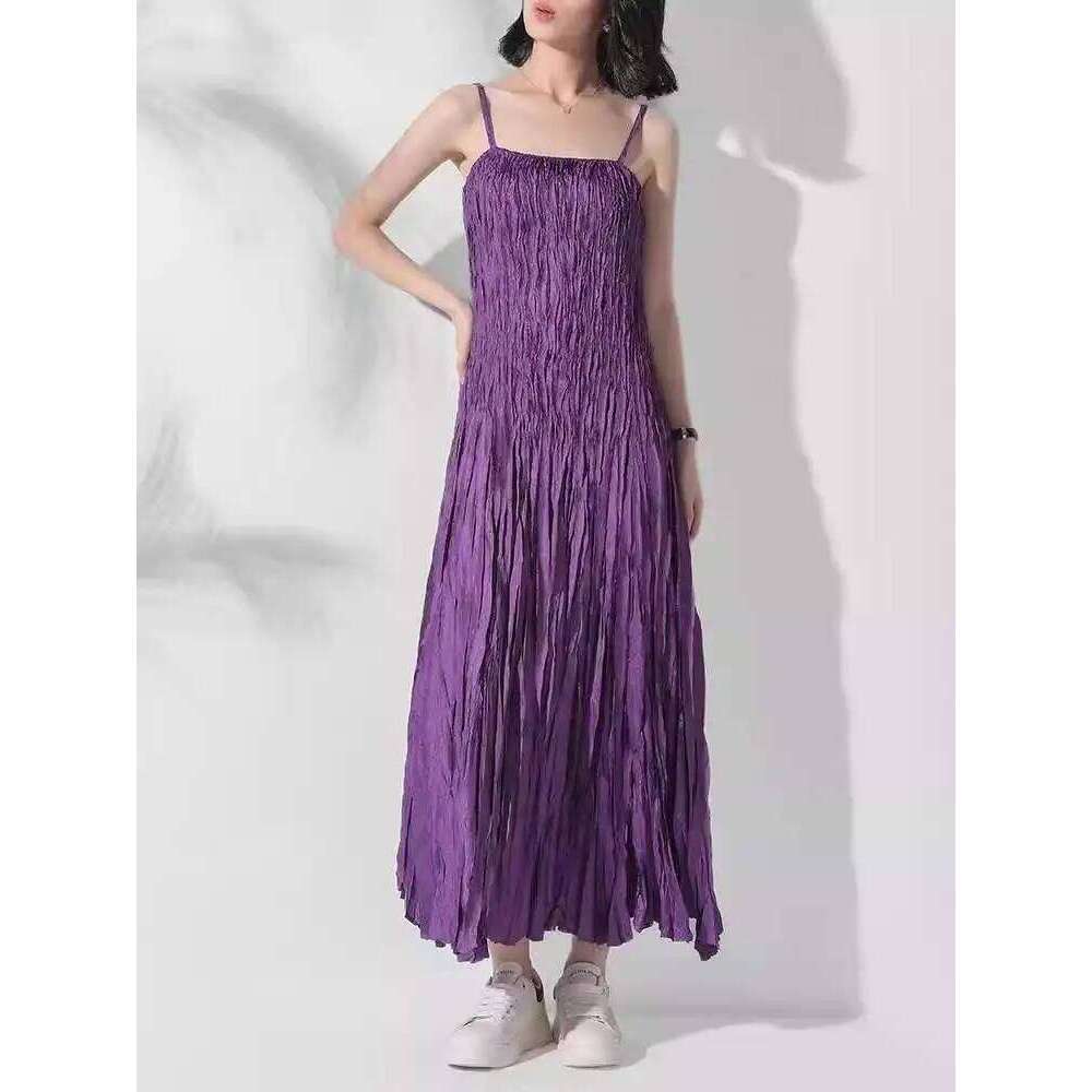 Fashion Handmade Strap Dress For Women High Waist Solid Color Pleated Sling Long Dresses Female Summer New