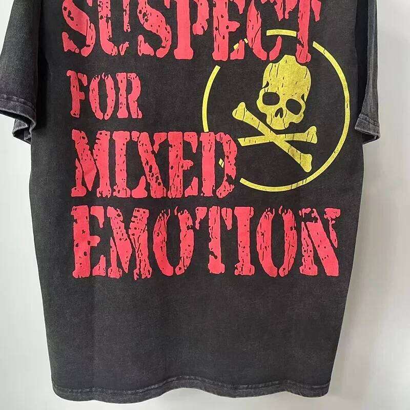 Streetwear Vintage Washed Black MIXED EMOTION T Shirt Men Women Top Quality Cotton Tee Cracked Graphics Print Oversized T-Shirt