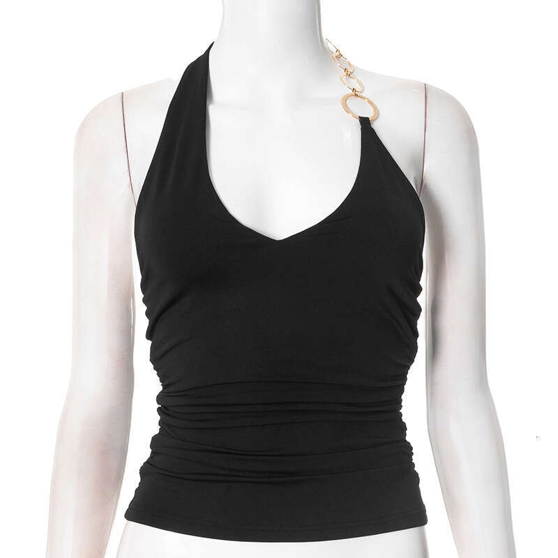 Y25tp001 Women's Spring Summer New Sleeveless V-Neck Sexy Ring Halter Neck T-Shirt Top B5