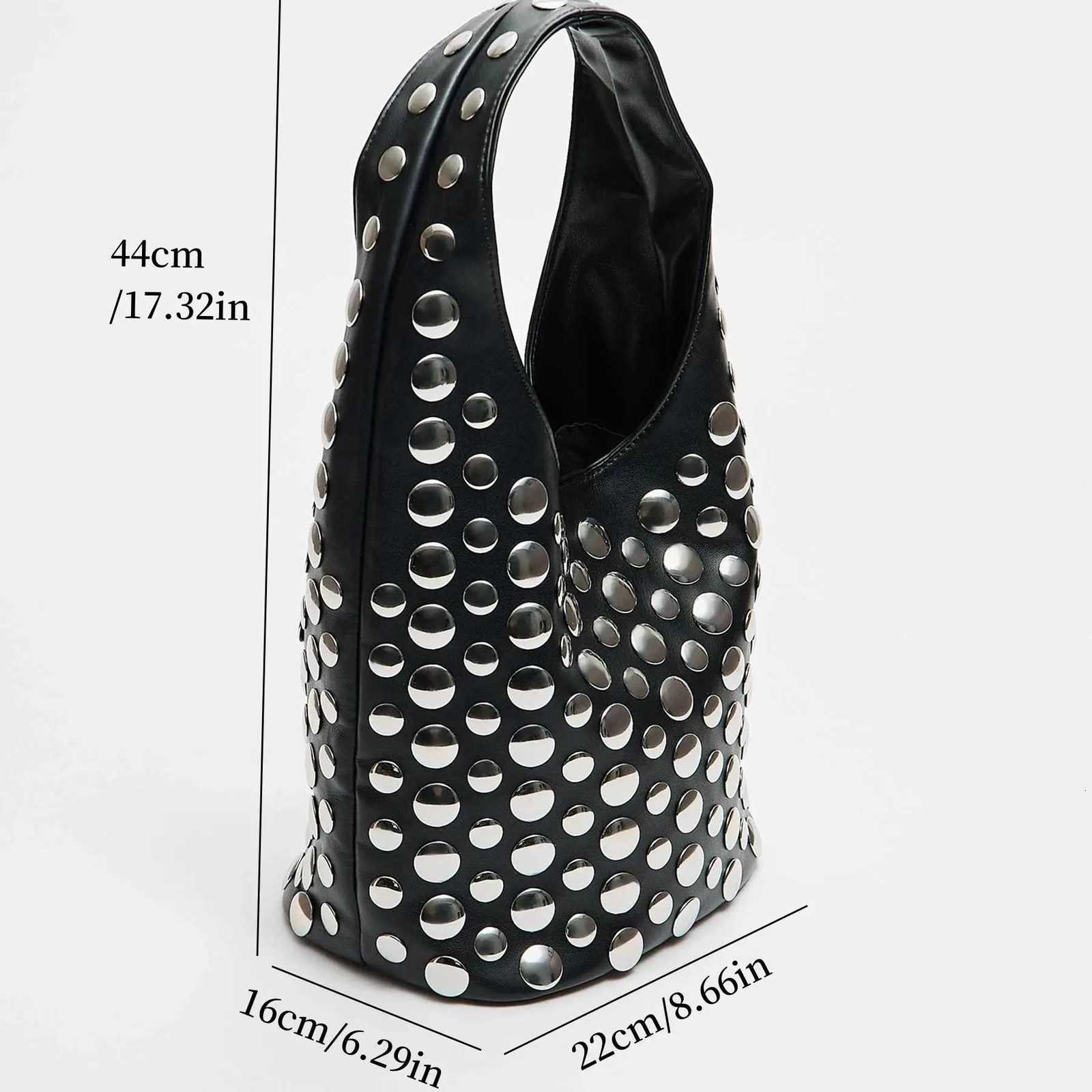 Punk Style Embellished Double-Faced Round Inlaid Niche Luxury Bucket Bag Chic Lady Underarm Large Capacity Shoulder Bag Y250730