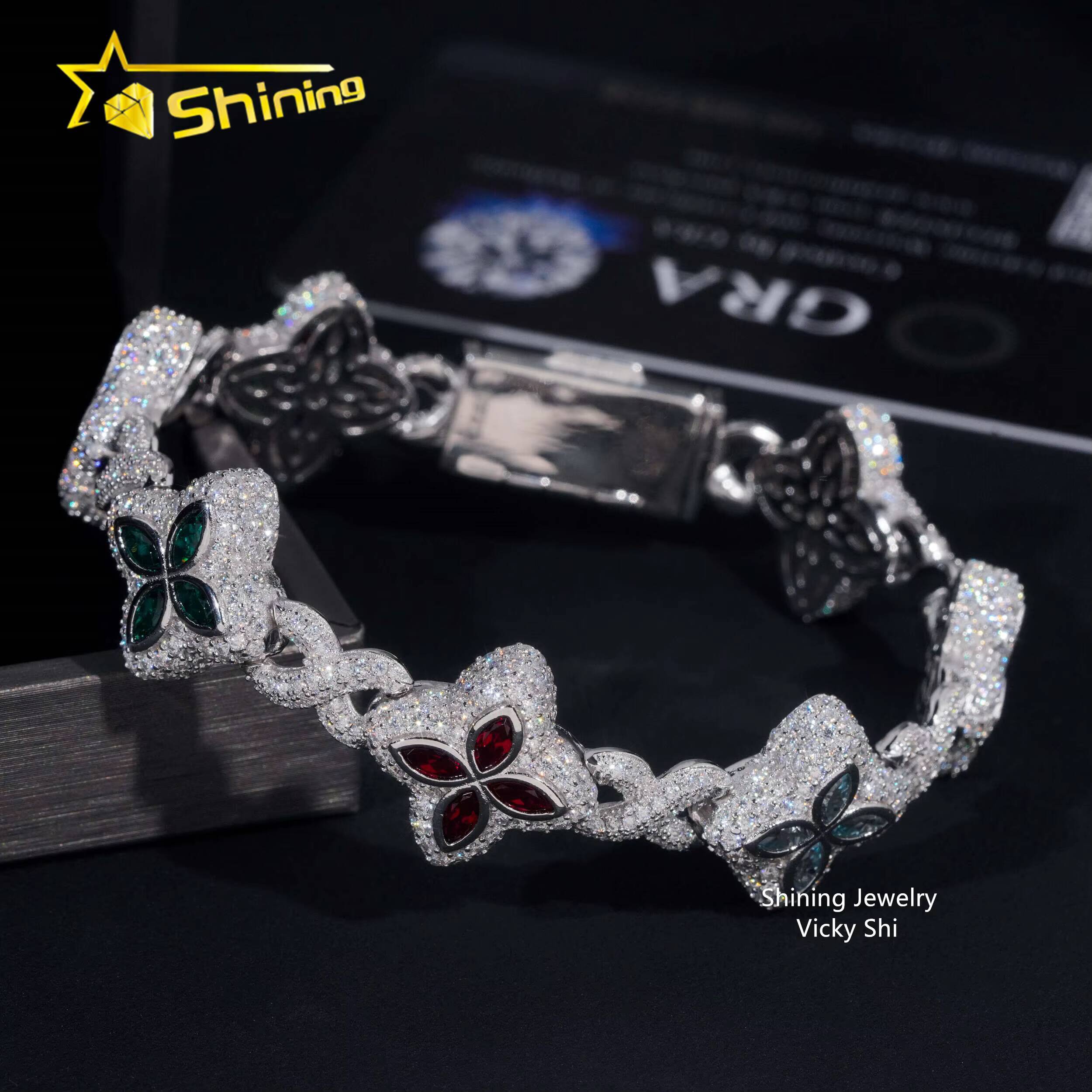 Hot Selling Men Popular Moissanite Bracelets 925 Sterling Silver Iced Out Hip Hop Infinity Clover Moissanite Cuban Bracelet