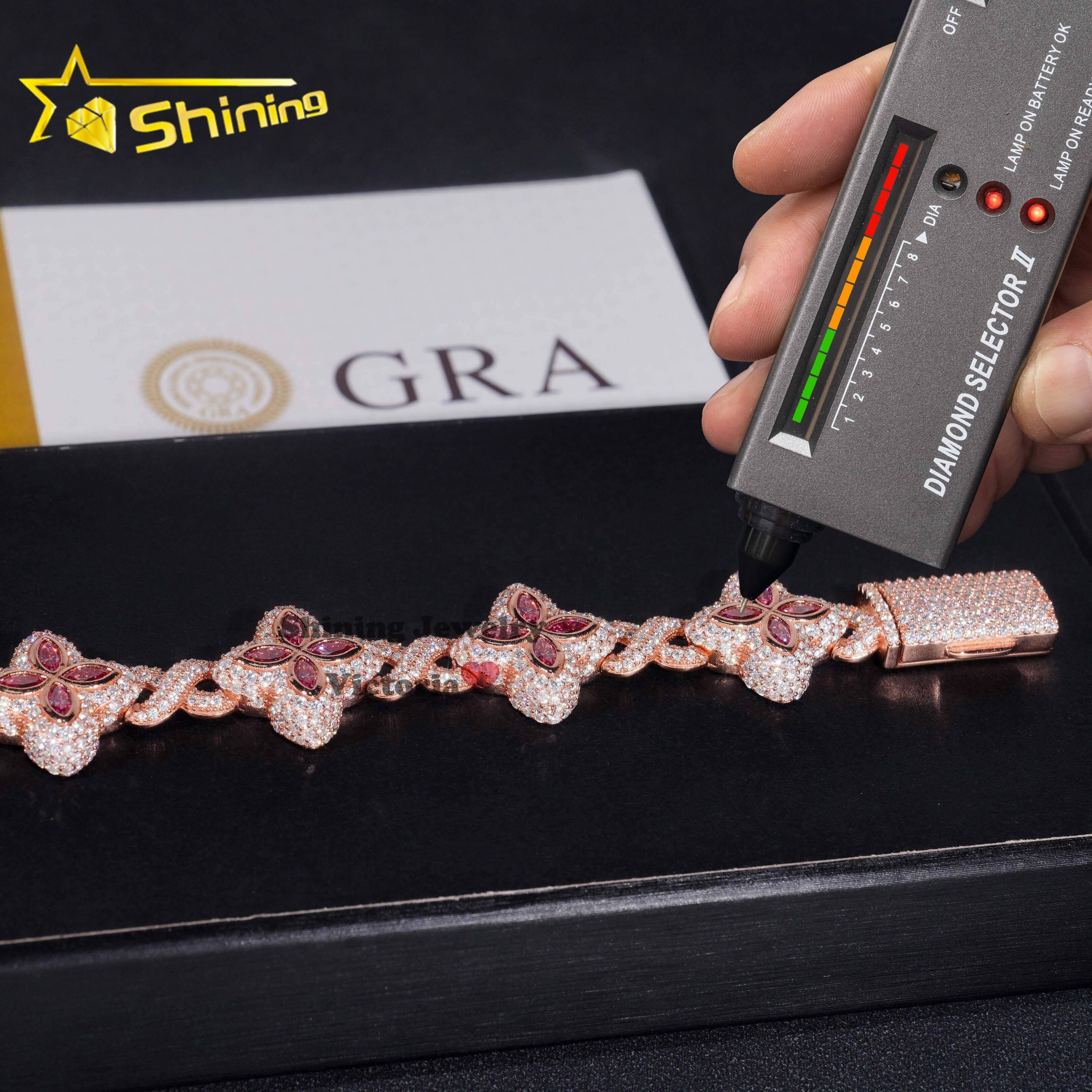 New Arrivals Rose Gold Plated Moissanite Men Bracelet With Pink Moissanite Iced Out Infinity Link Clover Cuban Bracelet