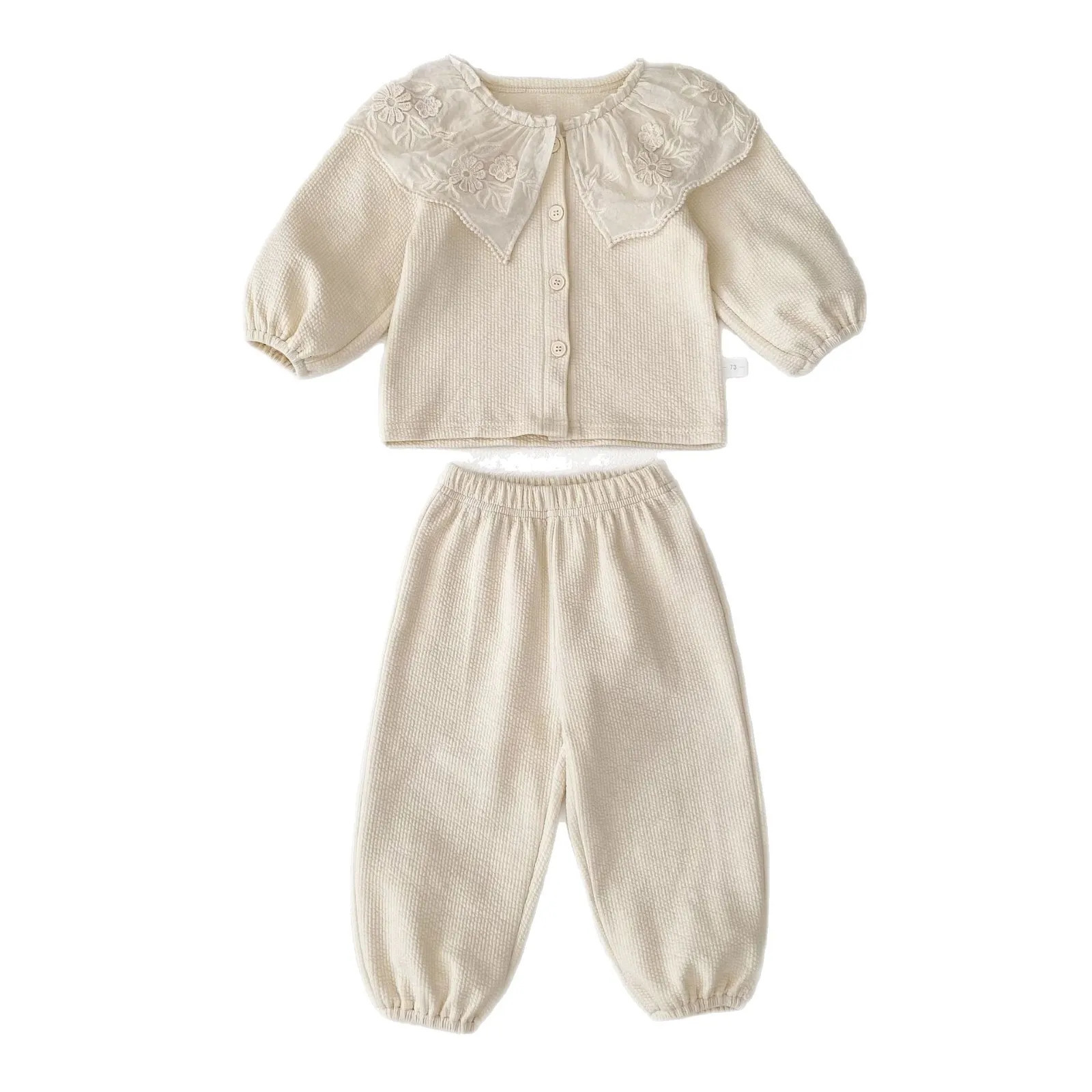 Baby Clothing Spring Girls Long Sleeve Suit Cotton Lace Collar Cardigan Pant Two-piece Suit 250729