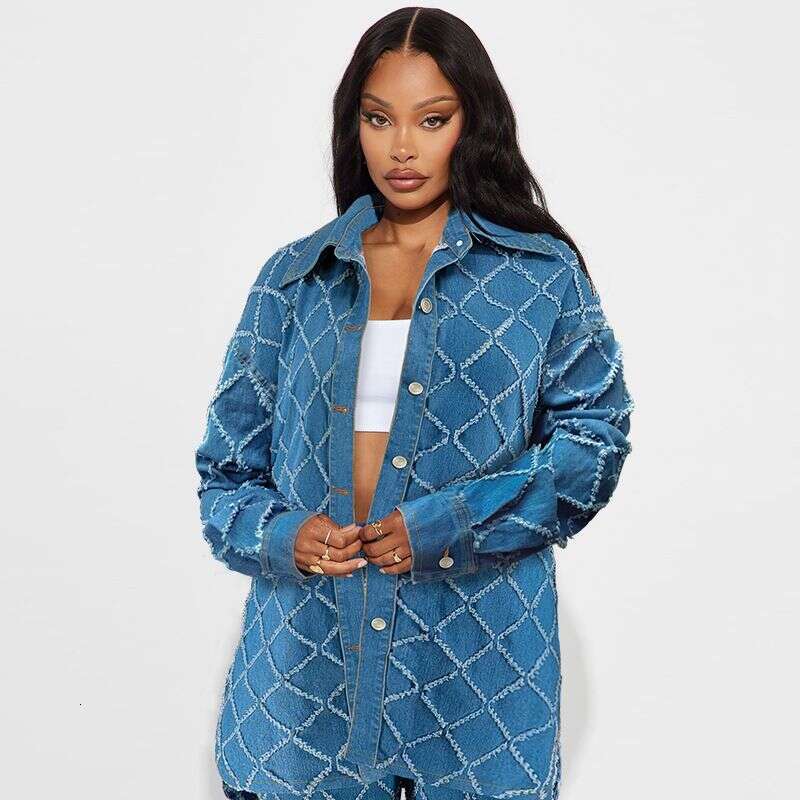 Women's Clothing Denim Fringe Plaid Cardigan Drop Shoulder Long Sleeve Suit