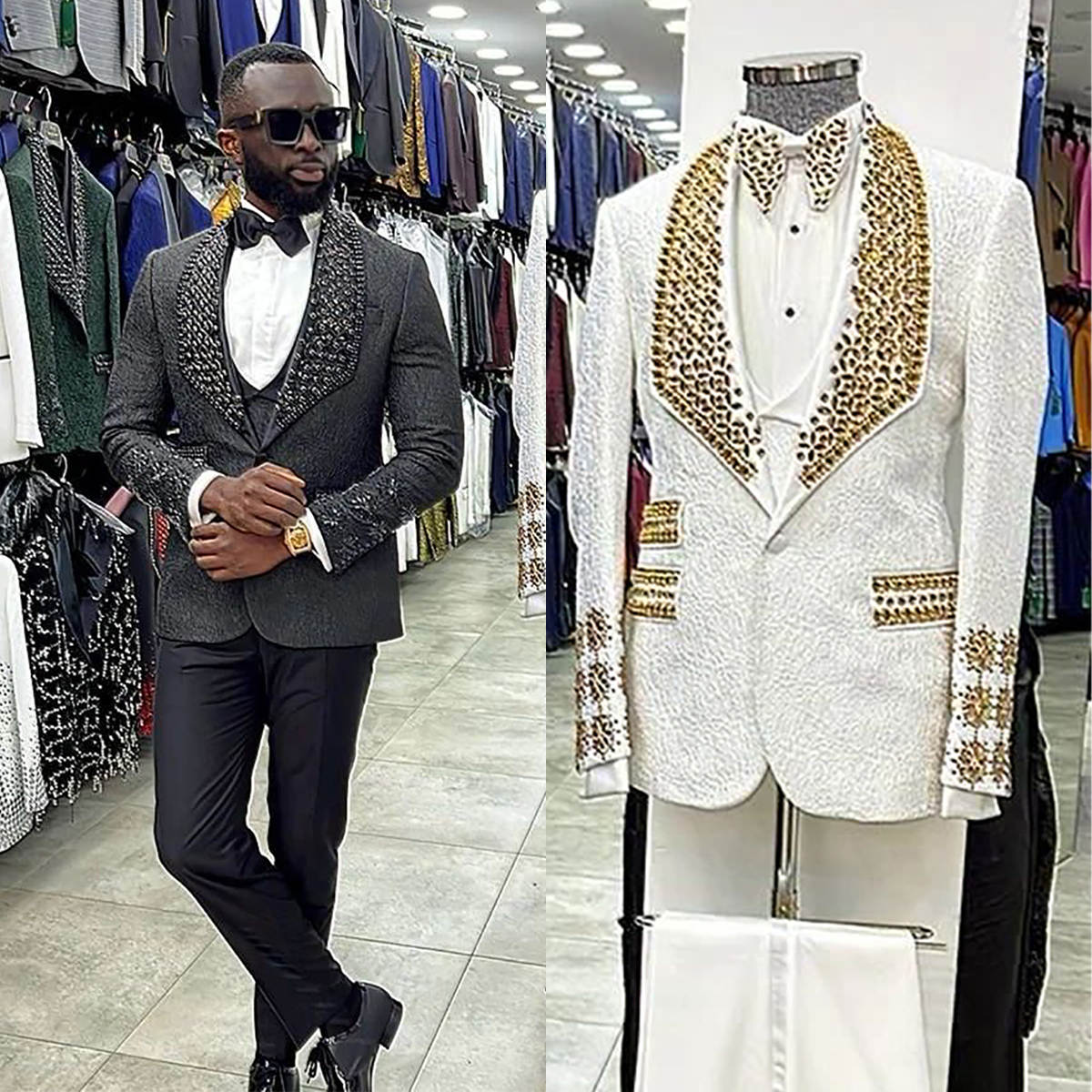 Luxury Crystal Wedding Tuxedos Jacquard 2 Piece Set Jacket Pants Shawl Lapel Men Suits Fashion Groom Wear Party Suit Customized