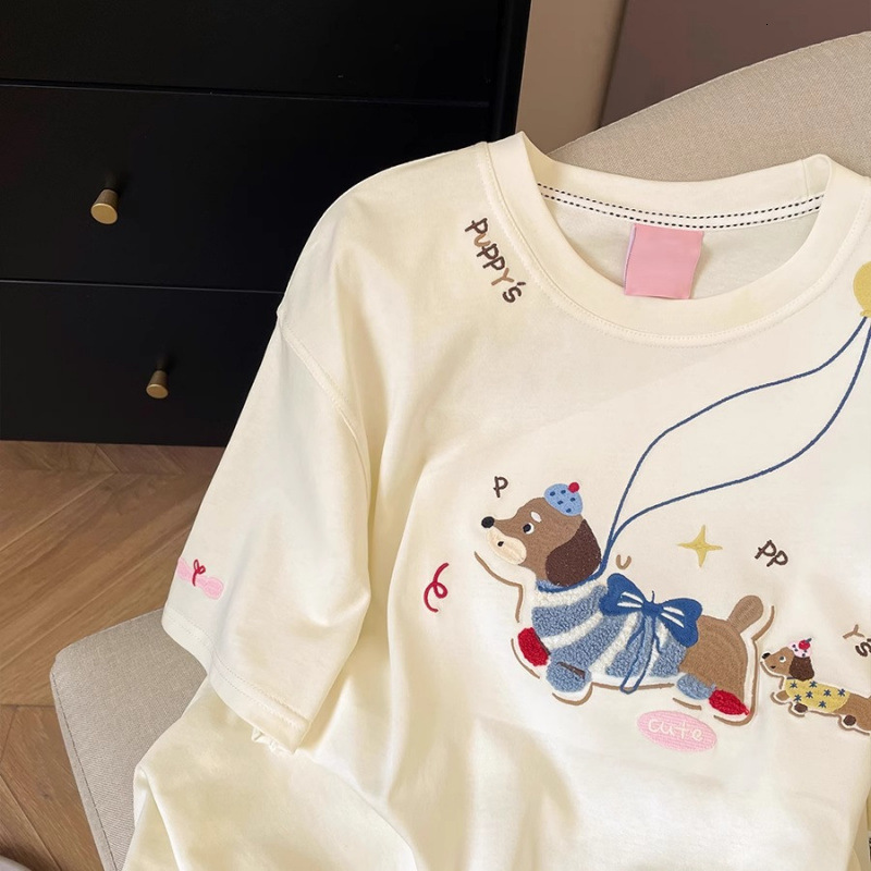 2025 American High Street Towel Embroidered Dog Cotton Short Sleeve T-shirt Summer New Loose Niche Short Sleeve Top New Designer T-shirt