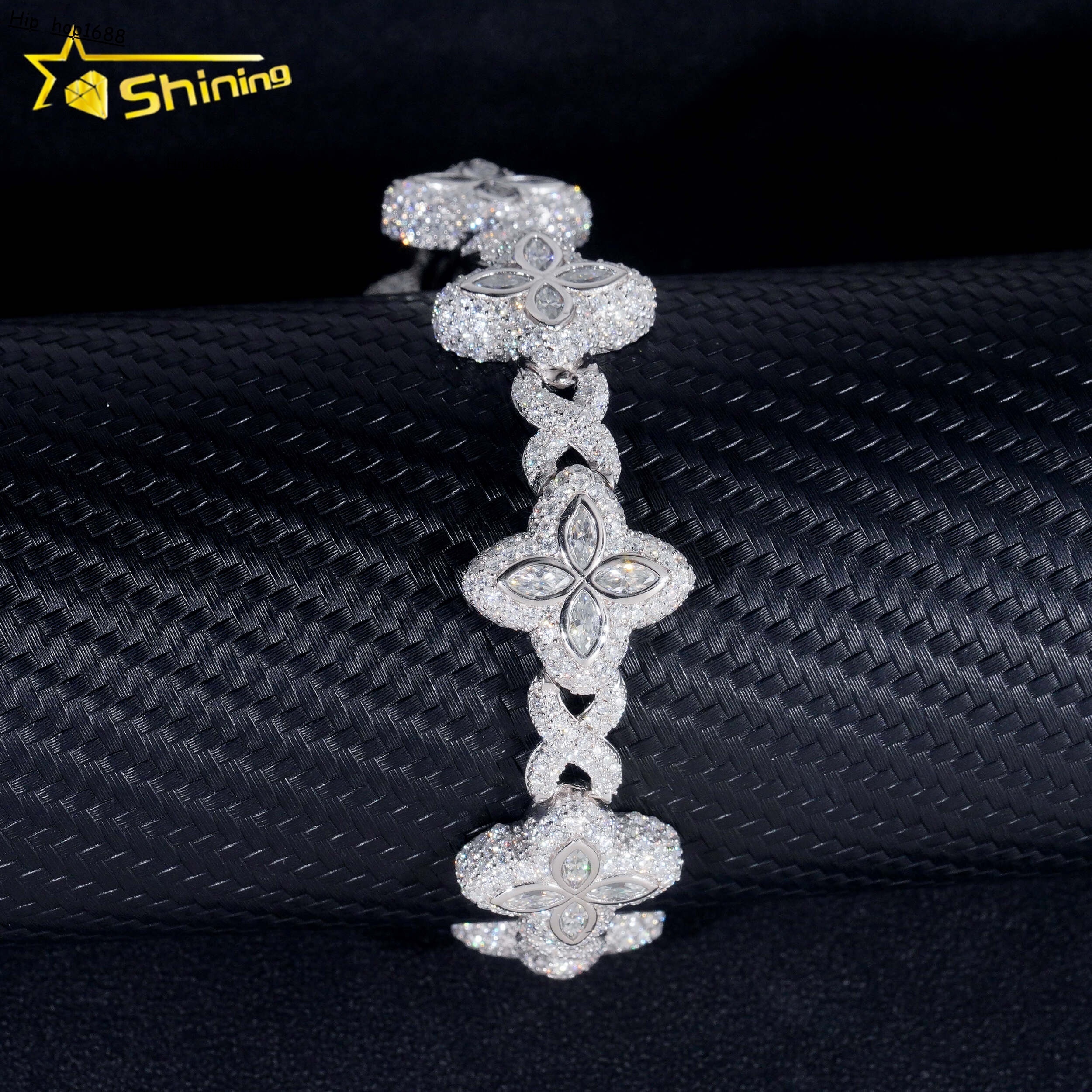 Hot Selling Hip Hop Style Rapper 925 Sterling Silver Men Infinity Cuban Link Moissanite Clover Bracelet