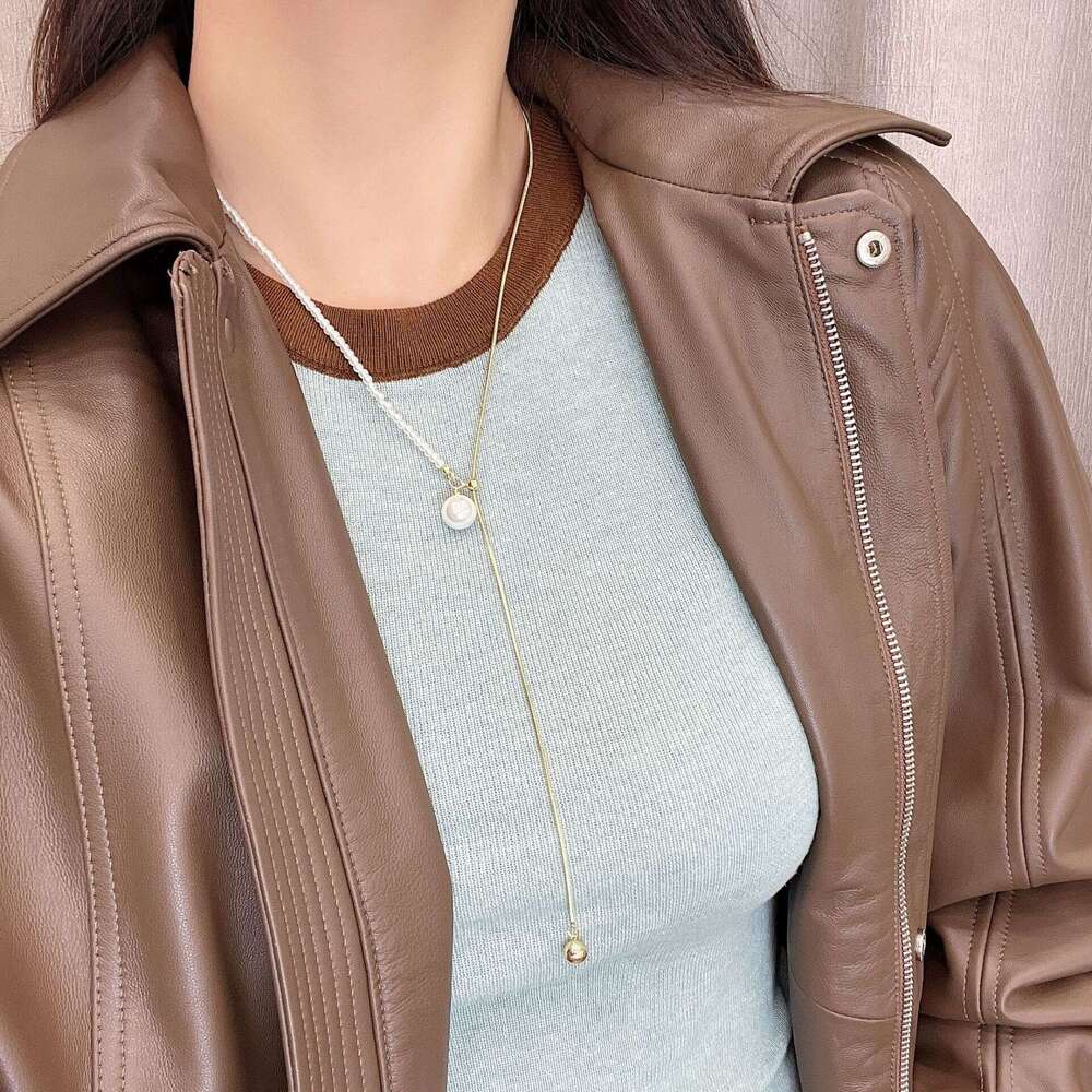 Autumn Winter Sweater Chain Long Pearl Round Bead Necklace Accessories for Women Light Niche High-end Asymmetrical 2024 New Model aab